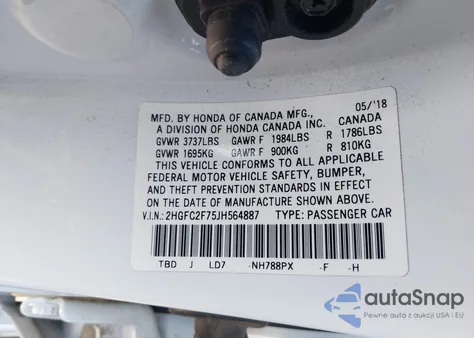 2018 Honda Civic Ex z USA, uszkodzony, nr VIN 2HGFC2F75JH564887